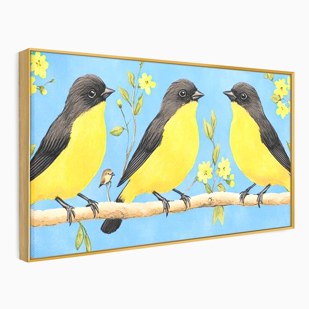 Tablou canvas cu tablou canvas cu trei pasari pe ramura, in rama de aluminiu auriu